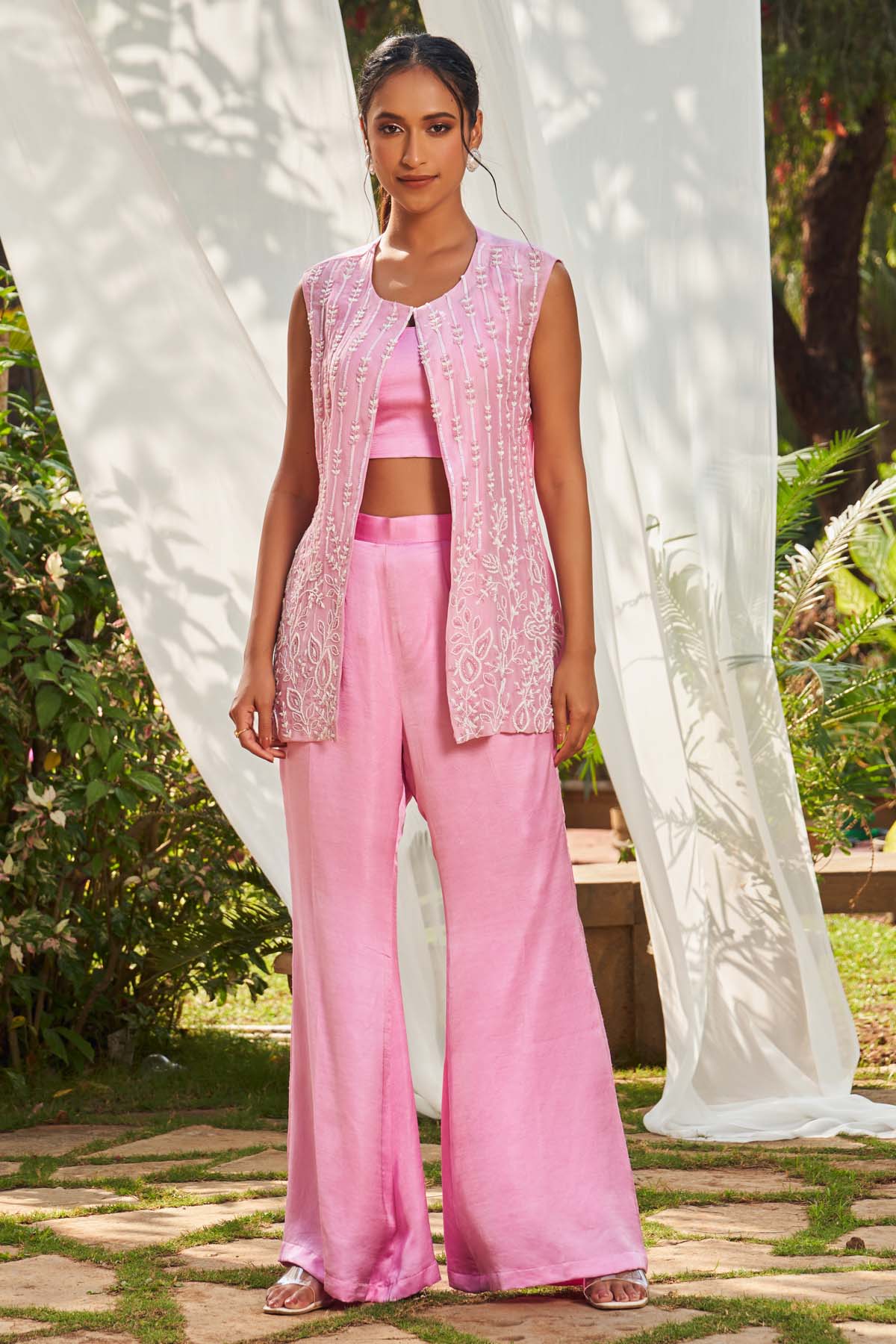 Megha Pitti Pink Embroidered Jacket Set for women online at ScrollnShops